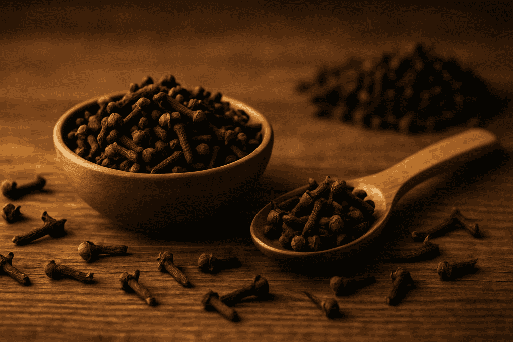 cinematic horizonal image of cloves on a wooden table