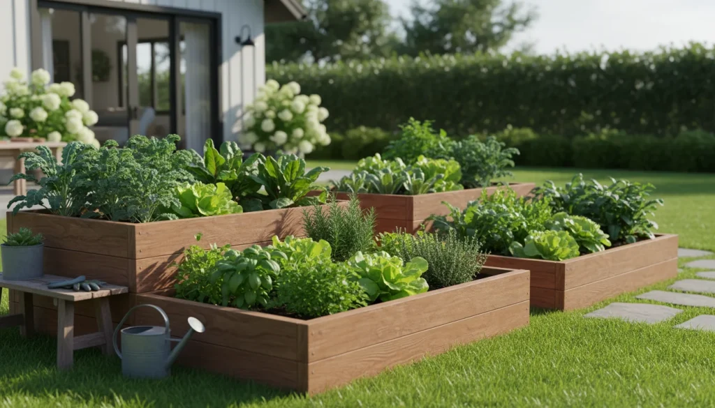 A beautiful backyard featuring three tiered wooden raised beds filled with various shades of green vegetables and herbs