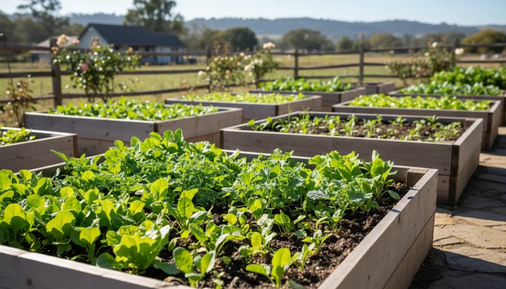 A bright and sunny vegetable garden with lush green sprouts emerging from dark rich soil in wooden raised beds