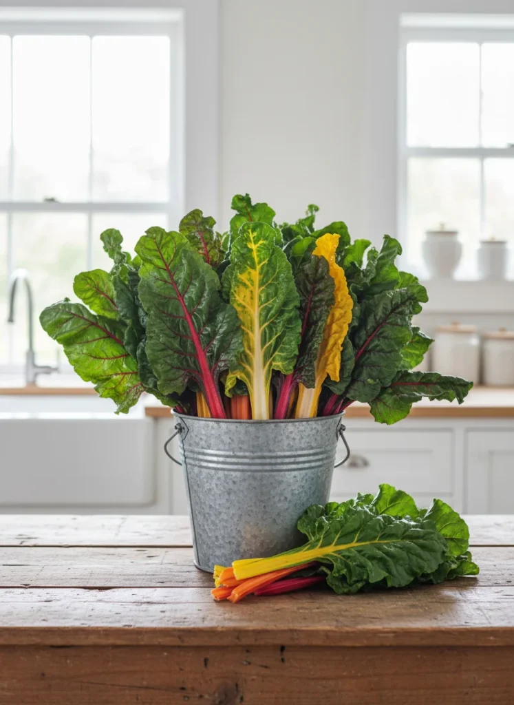 A bucket filled with Swiss chard featuring bright rainbow colored stems and large crinkled green leaves