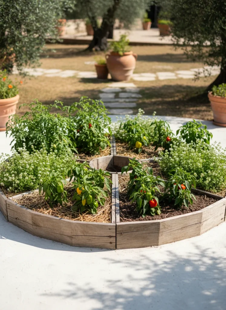 A circular bed divided into slices featuring tomatoes, peppers, and oregano