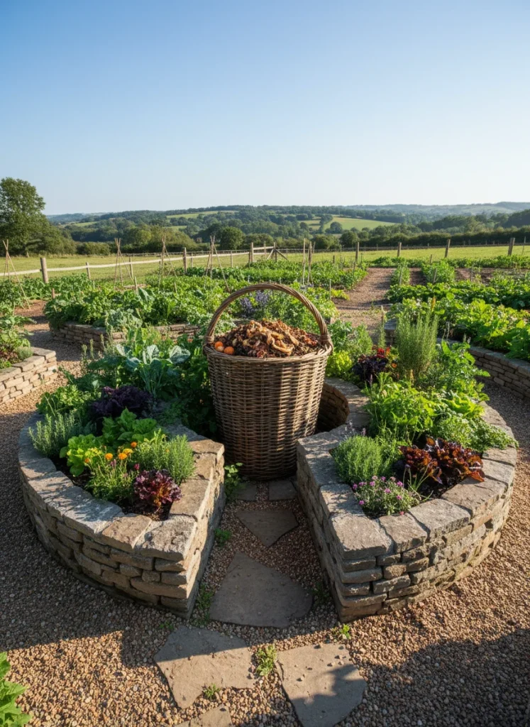 A circular stone keyhole garden with a compost basket in the center