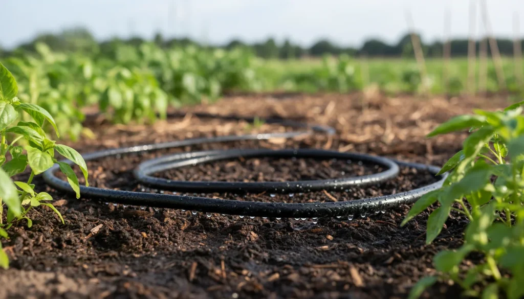 A close up of a black soaker hose snaking through a garden bed with tiny droplets of water nourishing the soil