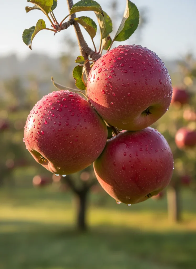 A close up of crisp red apples hanging from a branch with morning dew drops on the skin