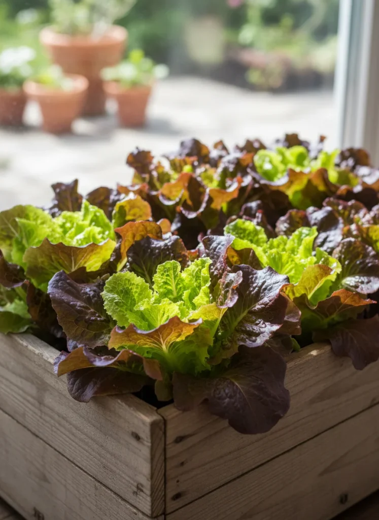 A close up shot of vibrant green and deep red ruffled lettuce leaves growing densely in a rustic wooden planter