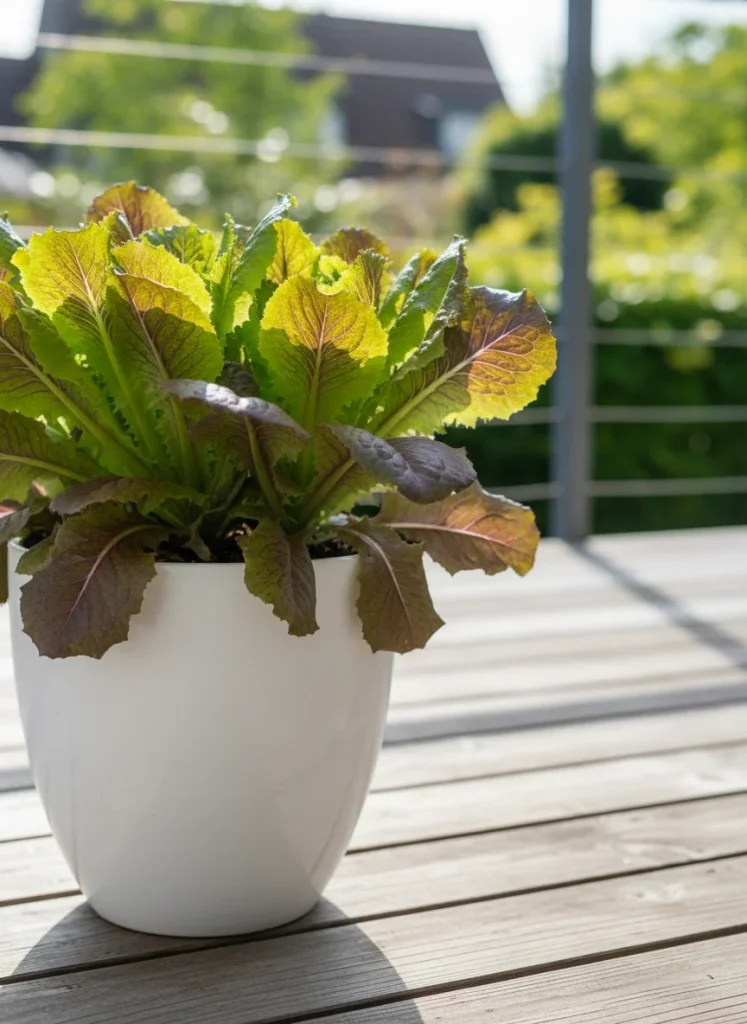 [A close up shot of vibrant lime green and deep purple lettuce leaves growing densely in a white bucket on a wooden deck]