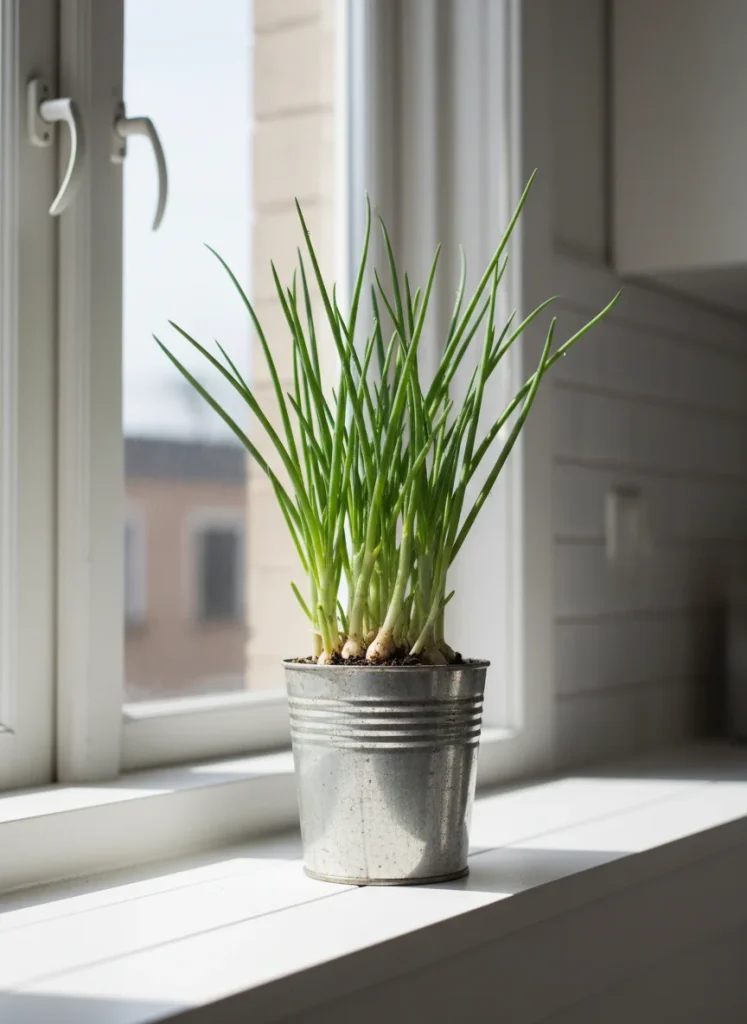 A cluster of tall slender green onions growing tightly together in a small recycled bucket on a bright kitchen windowsill