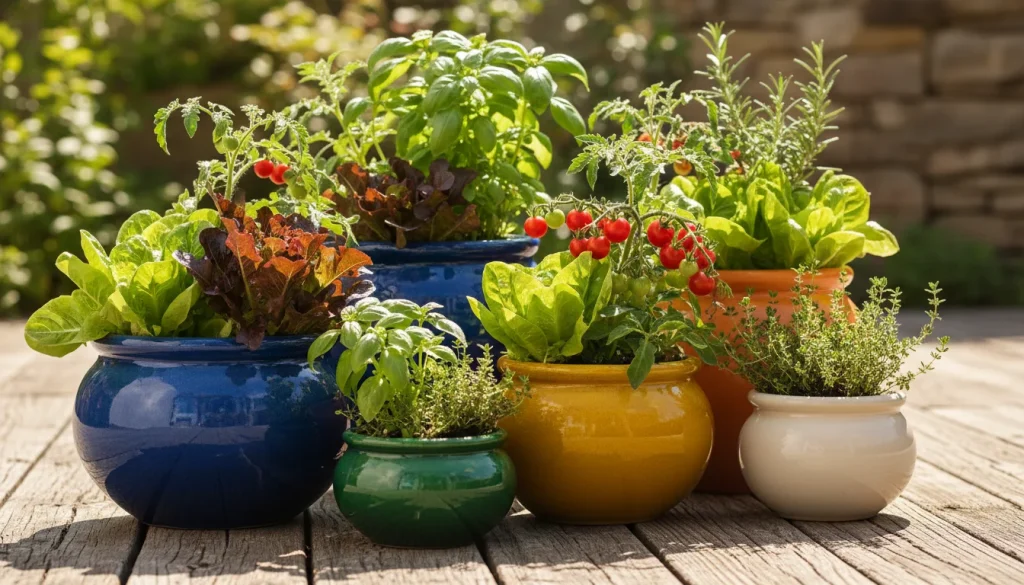 A collection of colorful ceramic pots on a sunny wooden deck filled with lettuce and herbs and small tomato plants