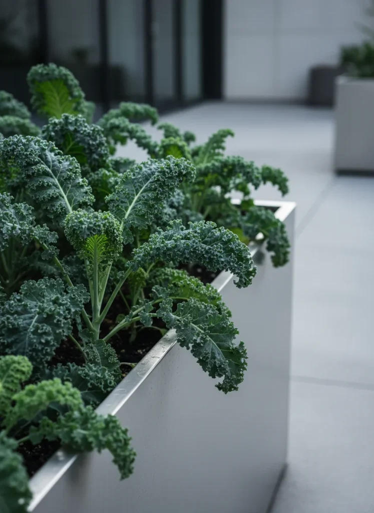 A collection of young kale plants with textured blue green leaves growing in a sleek modern metal garden bed