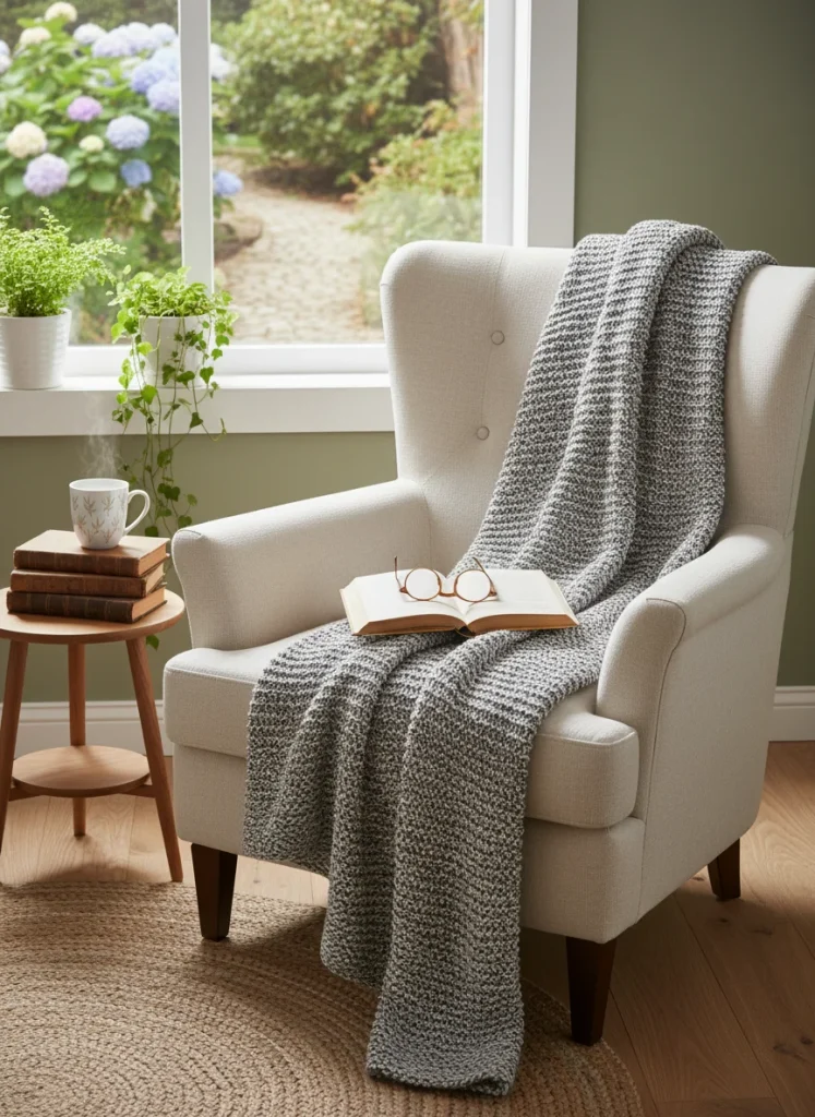A cozy reading nook with a soft blanket and a book resting on a chair near a window