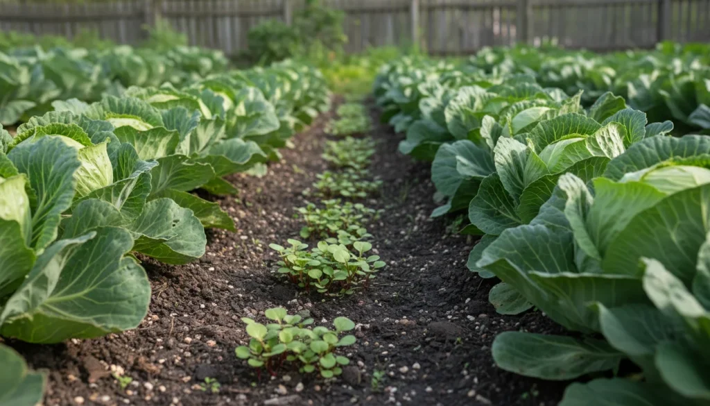 A detailed view of small radish sprouts growing in the gaps between larger cabbage plants in a garden row