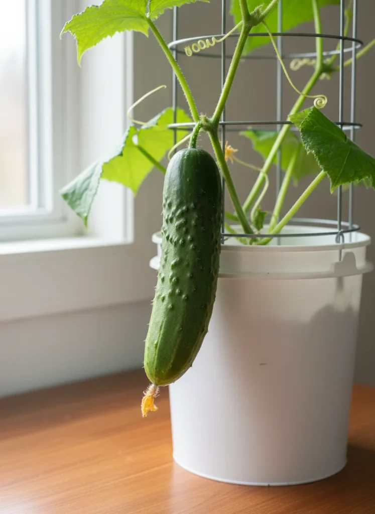 A green cucumber hanging from a vine that is climbing a wire cage inside a white bucket