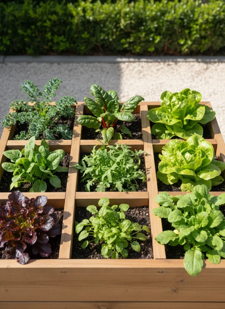 A grid layout in a raised bed with different greens in each square