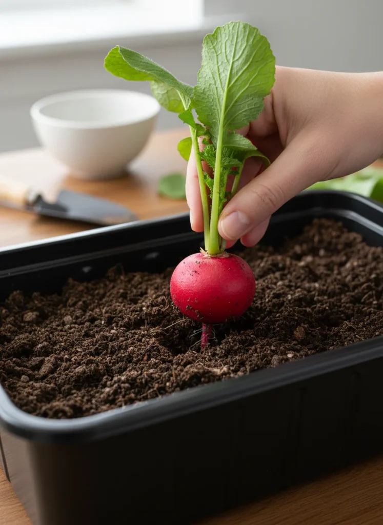 [A hand pulling a bright red round radish from dark rich soil inside a black container with green leafy tops still attached]