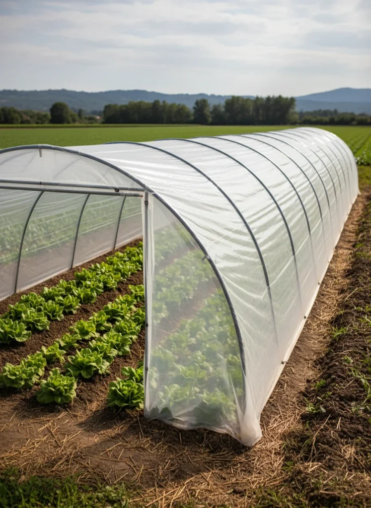 A long plastic covered tunnel protecting rows of leafy greens