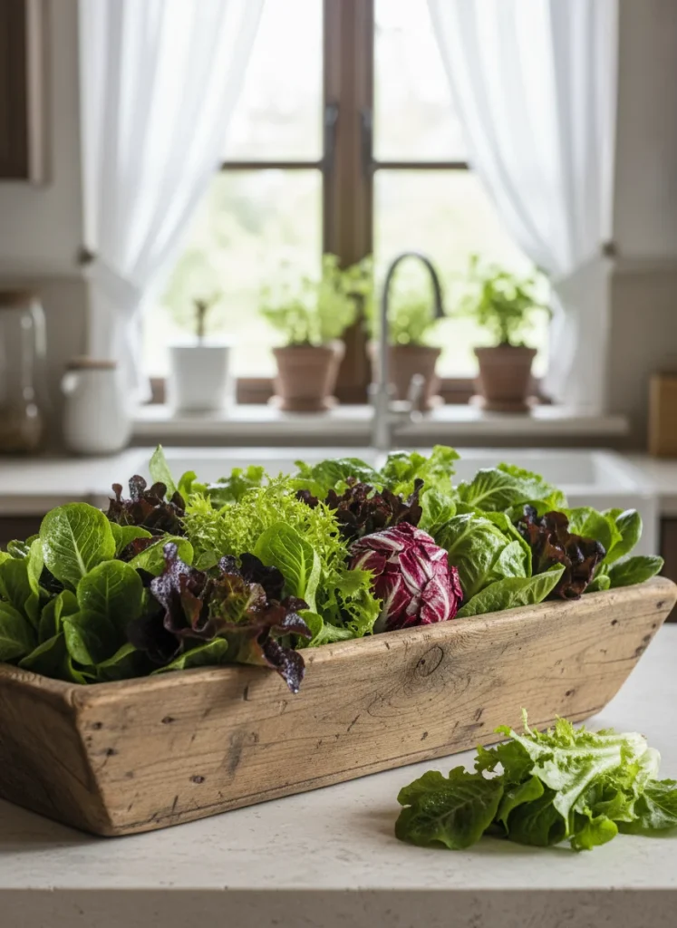 A long wooden trough filled with different varieties of leaf lettuce