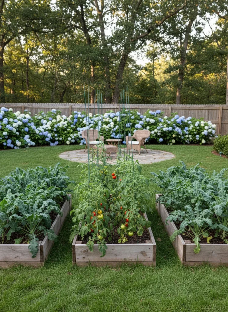 A lush backyard with three wooden raised beds filled with kale and tomatoes