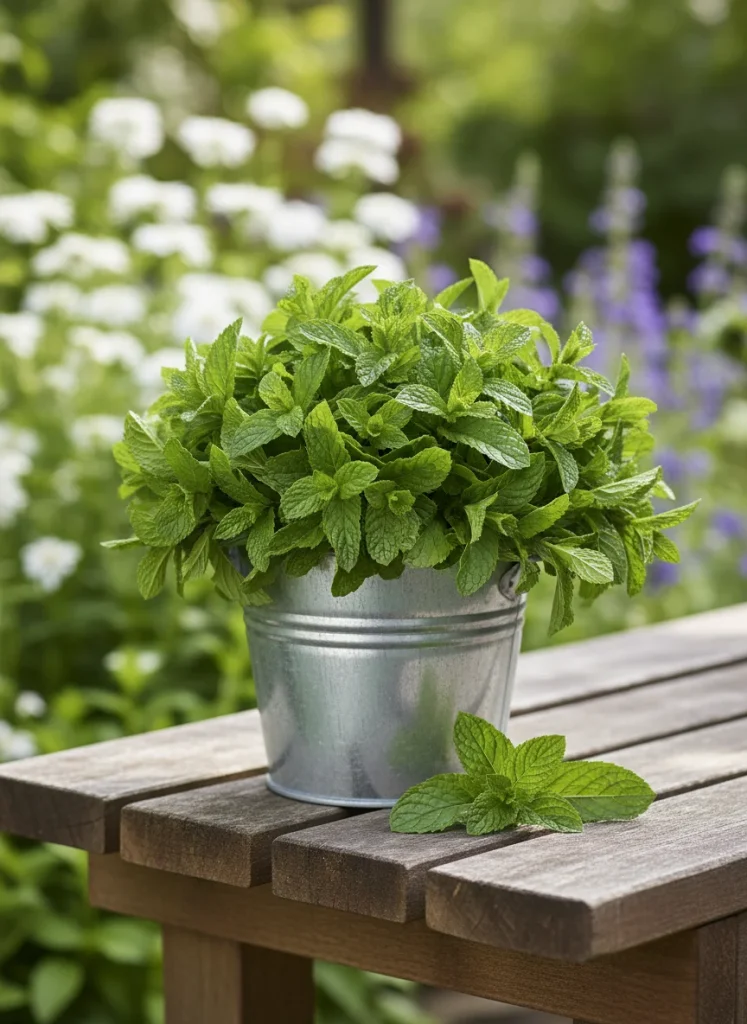 A lush overflowing bucket of bright green mint leaves sitting on a garden bench