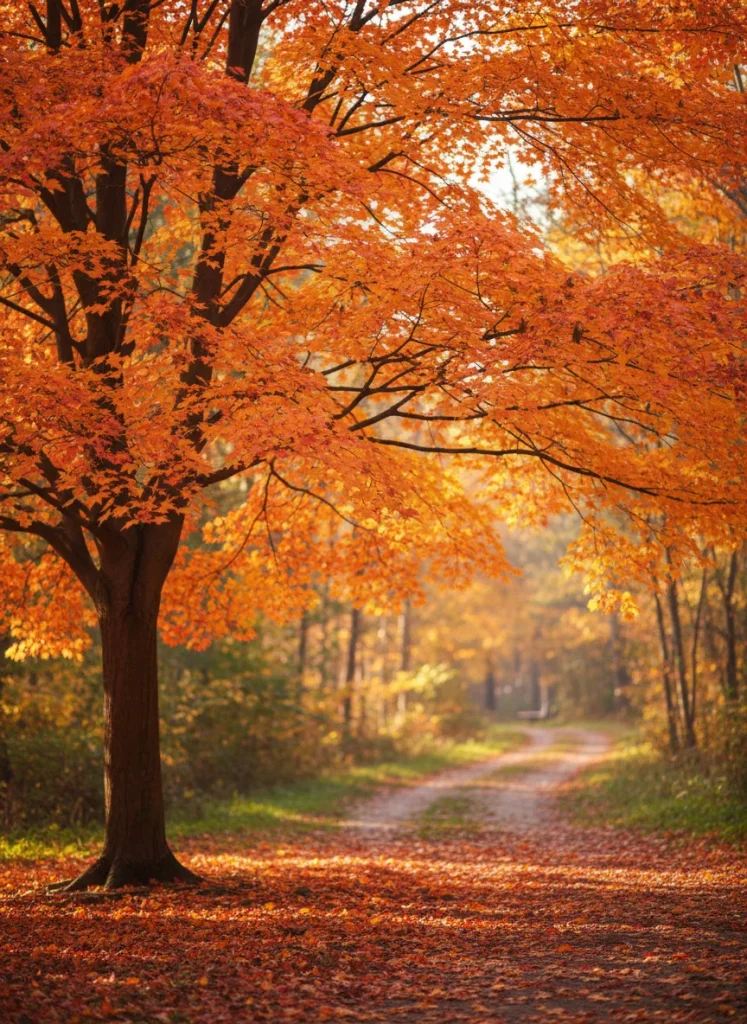 A majestic maple tree with vibrant orange leaves during peak autumn color
