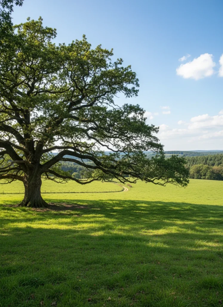A massive ancient oak tree with wide spreading branches casting a deep shadow over a green pasture