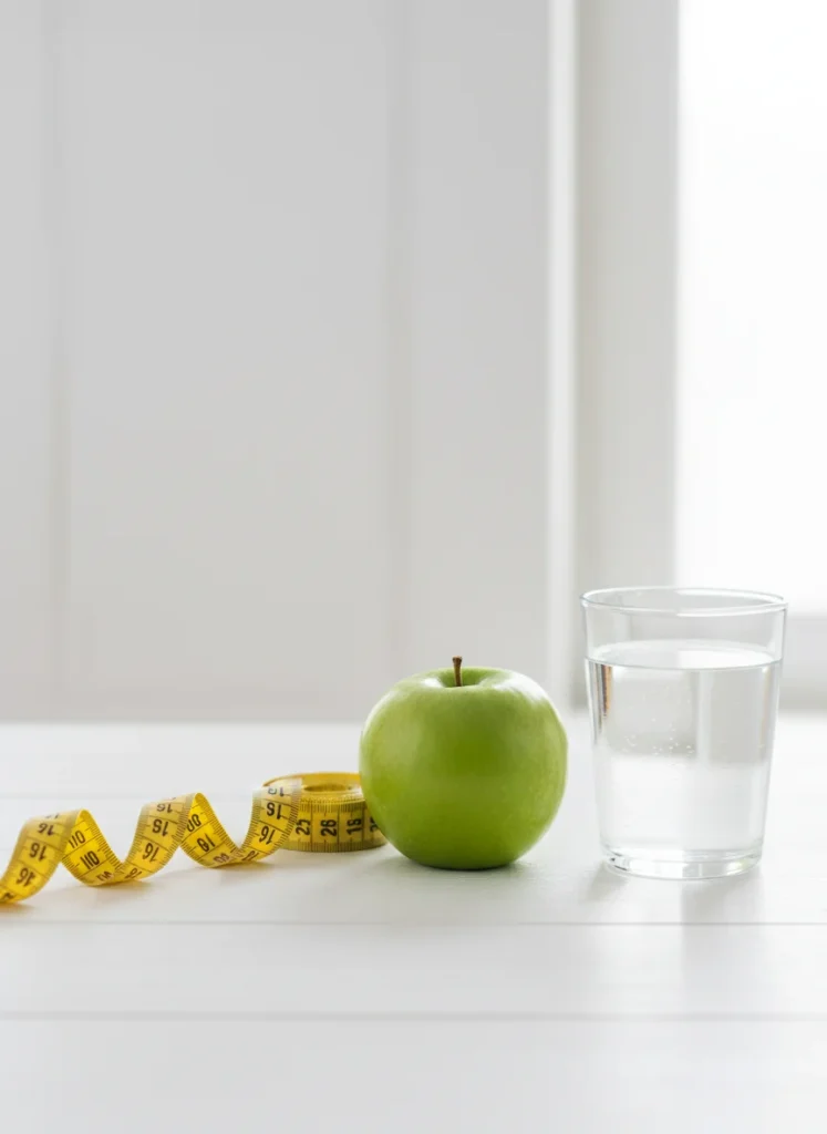 A measuring tape resting next to a fresh green apple and a glass of water