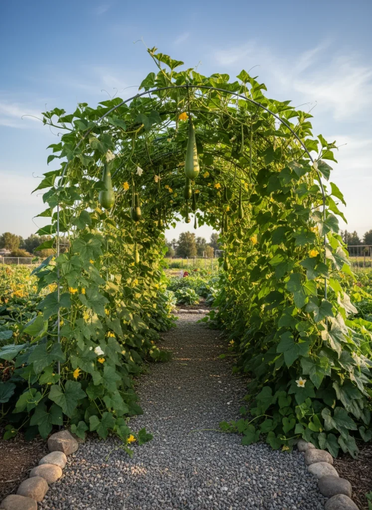A metal cattle panel arch covered in climbing beans and squash