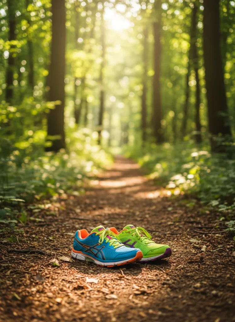 A pair of colorful running shoes on a sunlit path surrounded by green trees