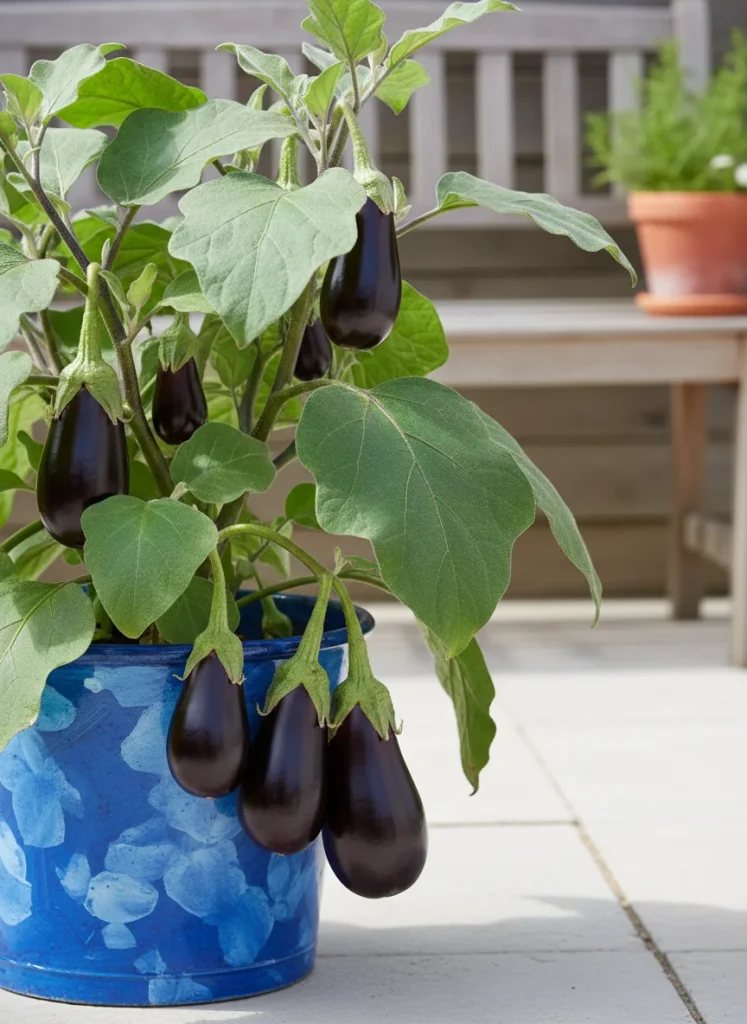 A patio eggplant plant in a blue bucket featuring deep purple teardrop shaped fruits and large fuzzy leaves