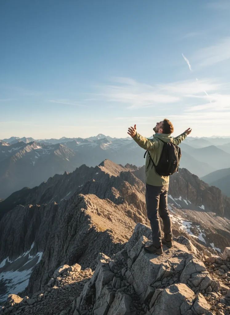 A person standing on a mountain top with their arms wide open breathing in fresh air