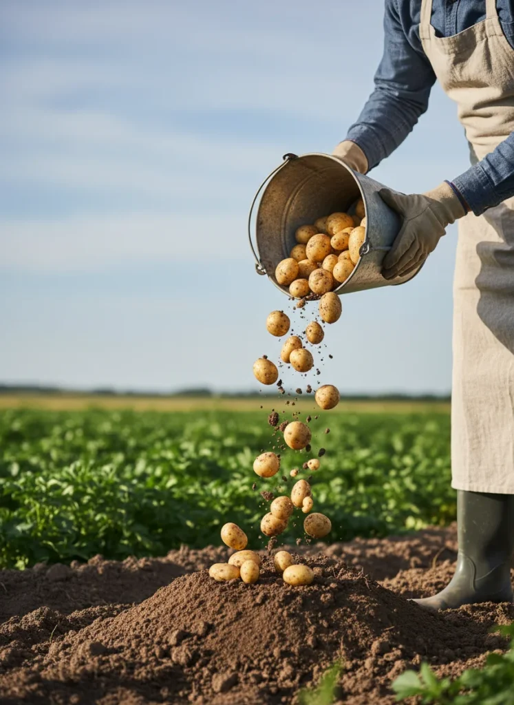 A person tipping over a large bucket to reveal many small yellow potatoes spilling out from the dark soil