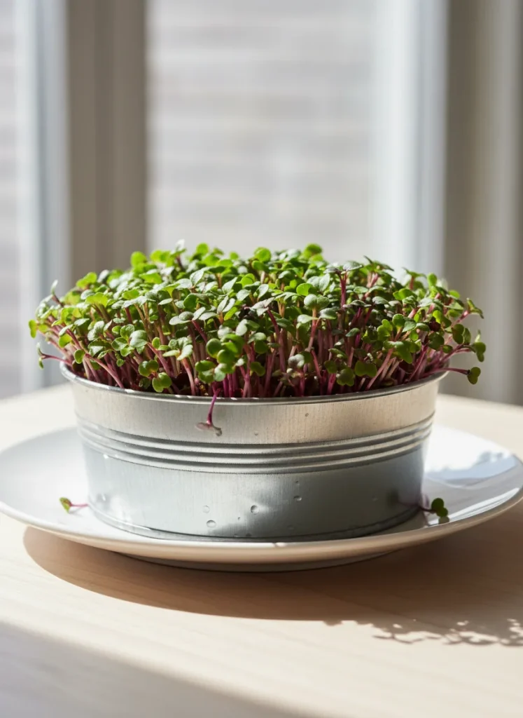 A shallow wide bucket filled with a dense carpet of tiny green and purple microgreen sprouts