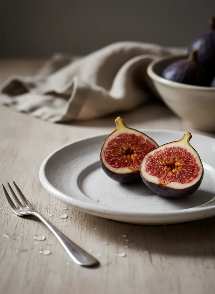 A sliced open purple fig showing the vibrant pink interior sitting on a ceramic plate