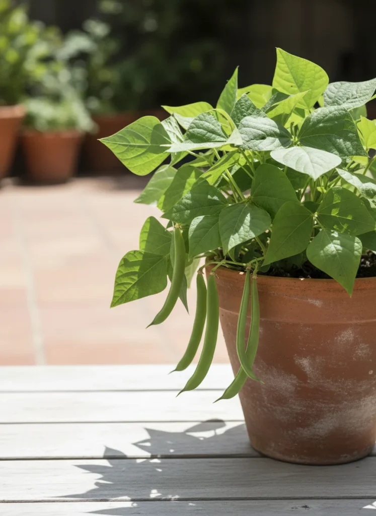A small bushy bean plant in a brown bucket with several long green beans visible beneath the foliage