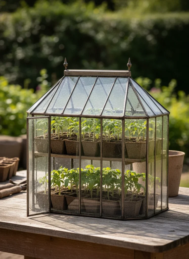 A small glass greenhouse filled with tomato starts and seedlings