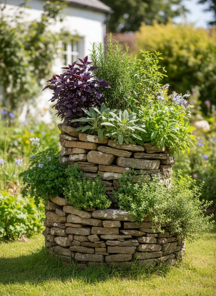 A stone spiral structure filled with various culinary herbs