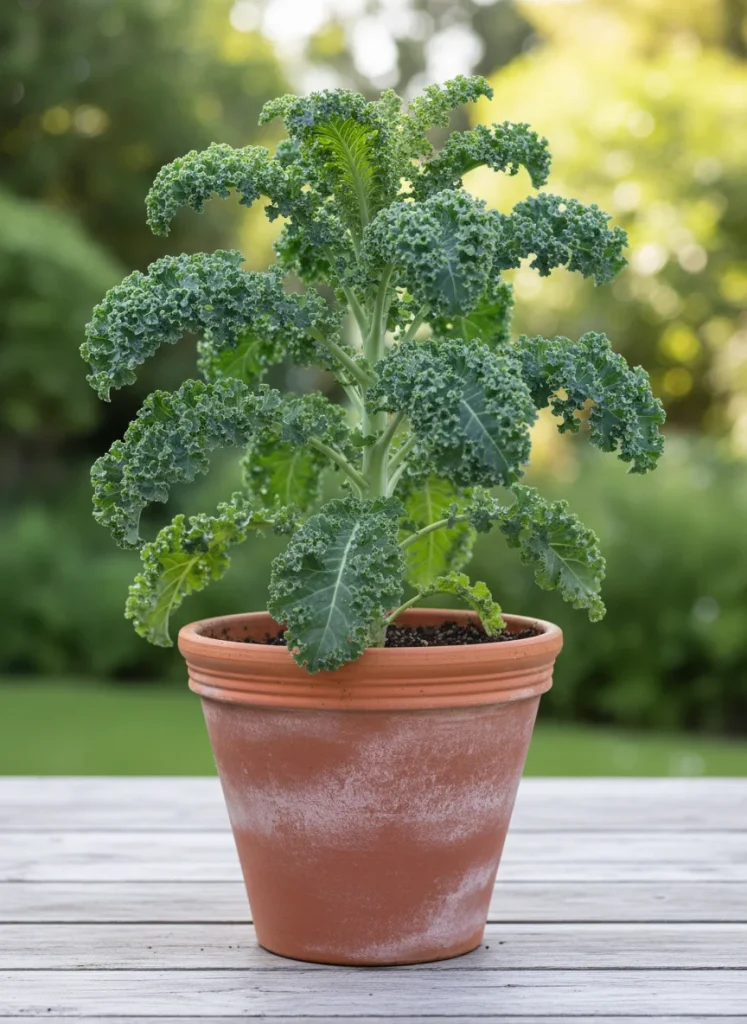 A tall curly kale plant with blue green ruffled leaves standing proudly in a large terracotta colored bucket