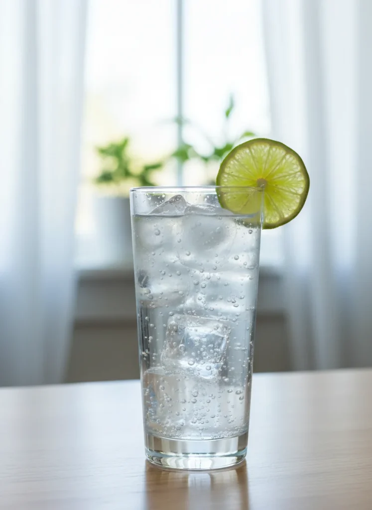 A tall glass of sparkling water with ice and a bright green lime slice