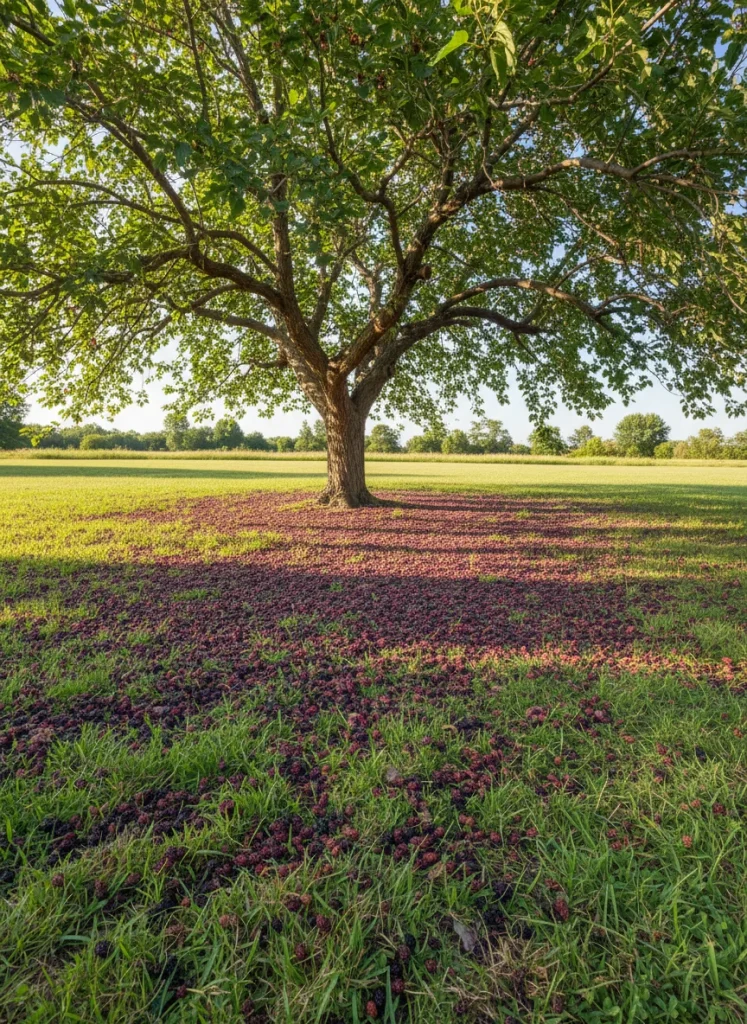 A tall mulberry tree with a carpet of fallen purple fruit on the grass beneath its wide canopy