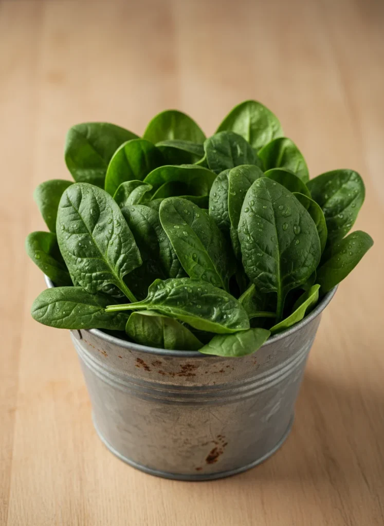 A top down view of thick dark green spinach leaves filling a rustic metal bucket with water droplets shimmering on the foliage