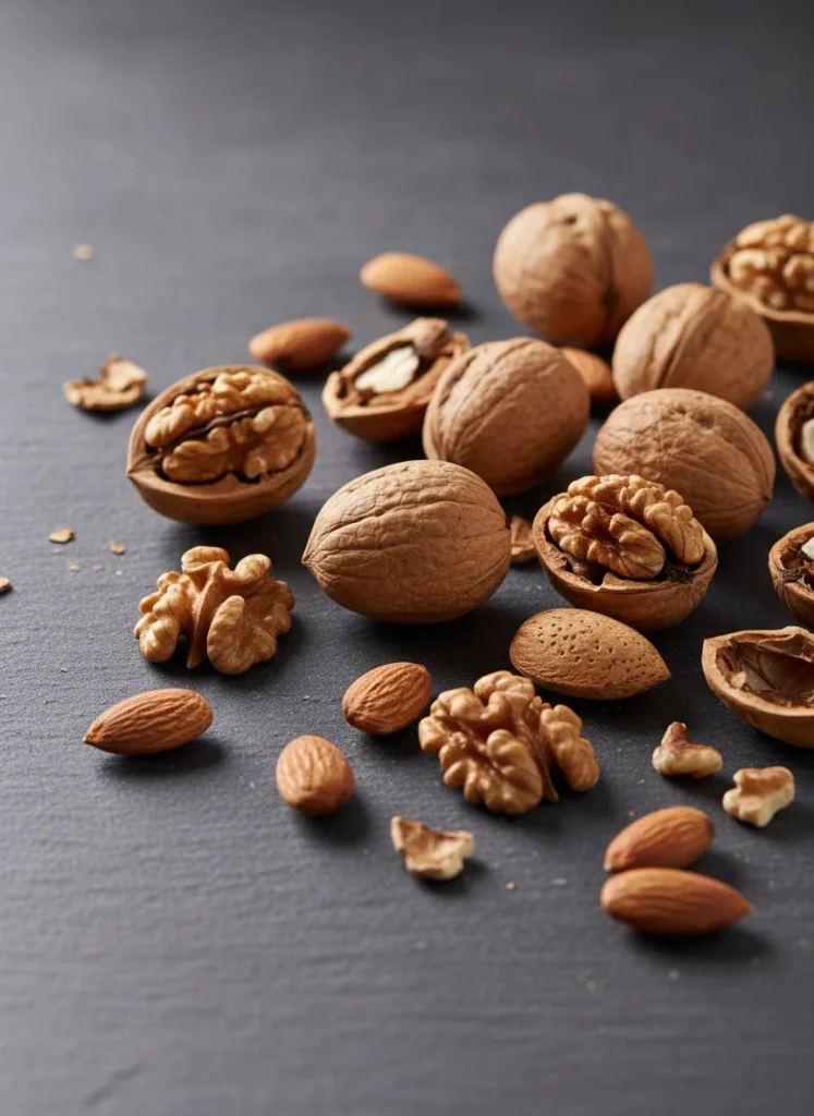A variety of nuts including walnuts and almonds scattered artfully on a dark stone surface