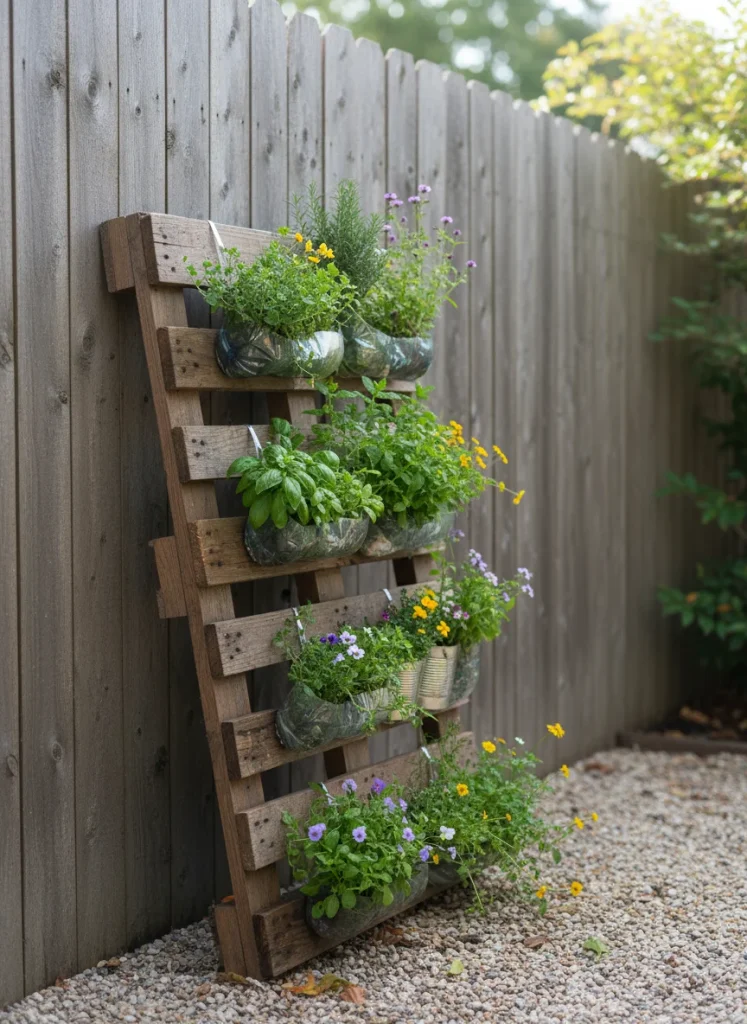 A vertical garden made from a recycled wooden pallet leaning against a wall