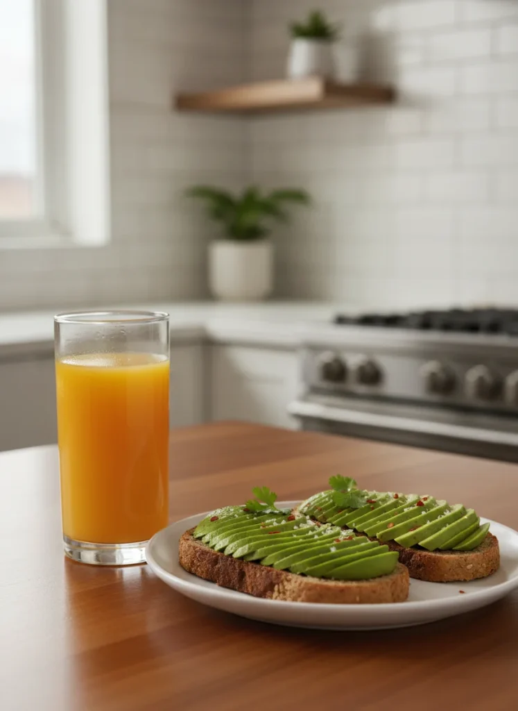 A vibrant glass of orange juice next to a plate of whole grain toast and sliced avocado