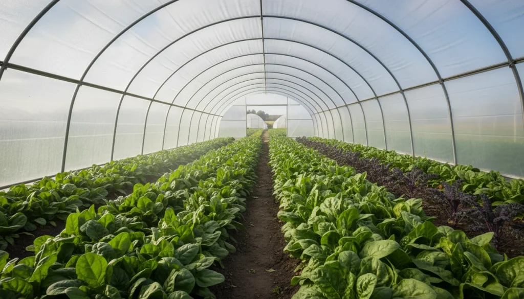 A view inside a polytunnel showing rows of healthy spinach and kale protected from the elements