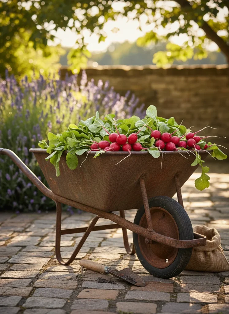 A vintage metal wheelbarrow used as a portable planter for radishes