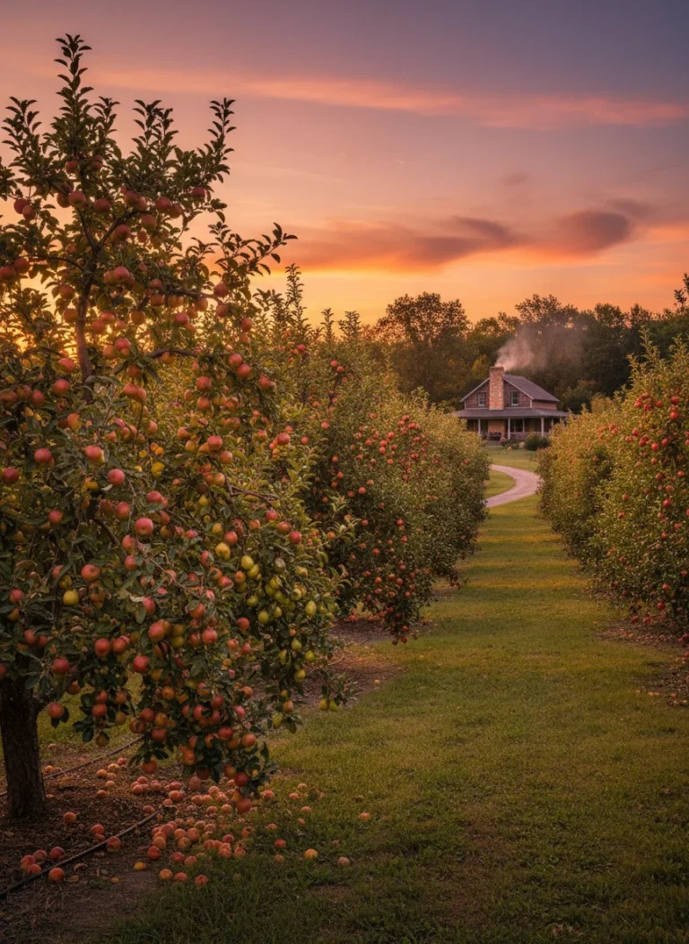A wide shot of a lush homestead orchard at sunset with fruit laden branches and a small farmhouse in the distance