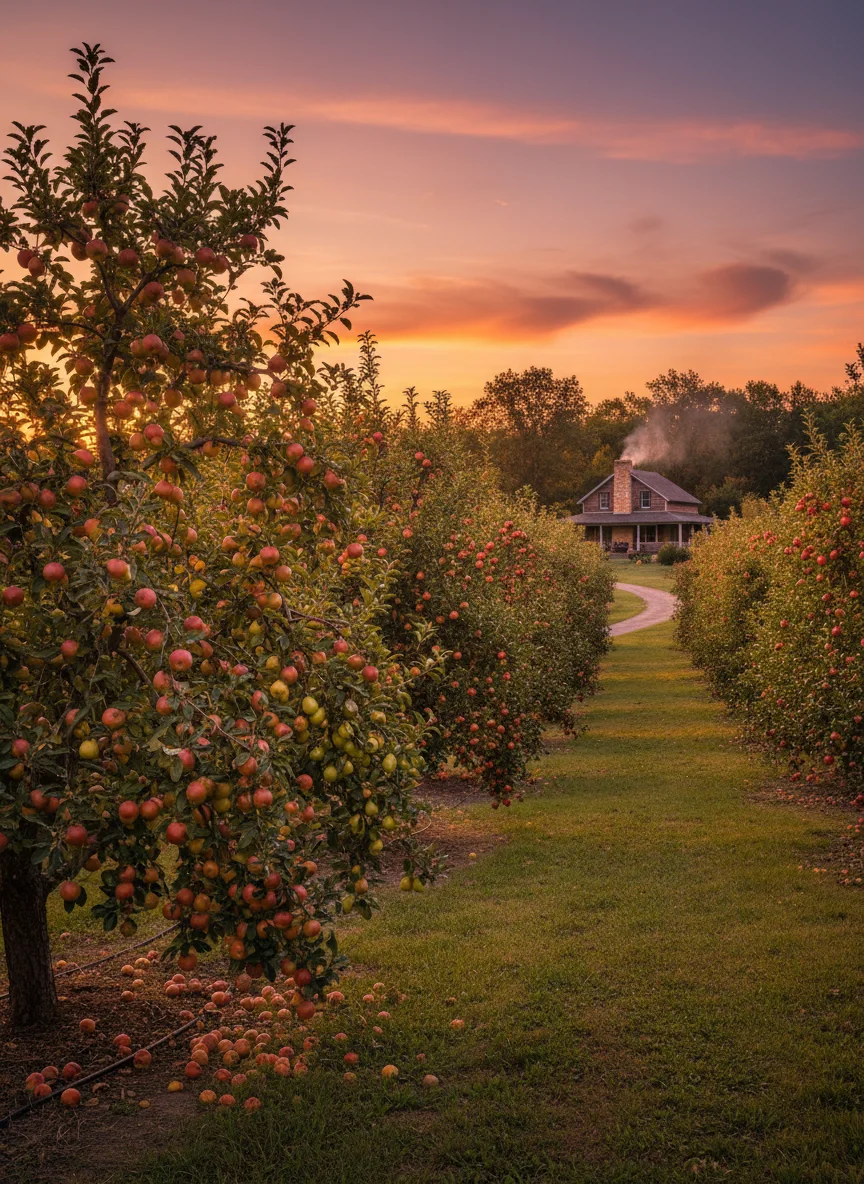 A wide shot of a lush homestead orchard at sunset with fruit laden branches and a small farmhouse in the distance