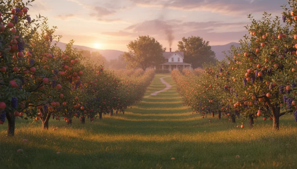 A wide shot of a lush homestead orchard at sunset with fruit laden branches and a small farmhouse in the distance