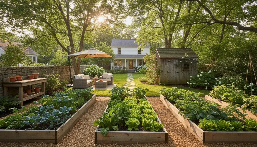 A wide shot of a sun drenched backyard featuring several organized wooden raised beds overflowing with green foliage