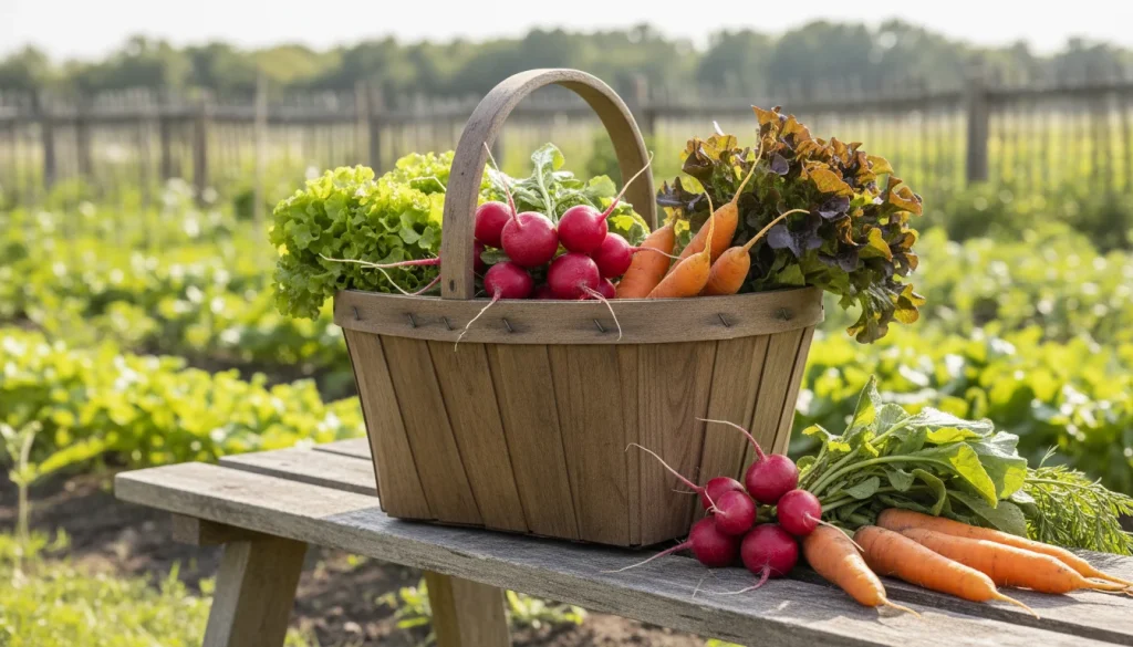 A wooden harvest basket overflowing with bright red radishes and green lettuce and orange carrots on a garden bench