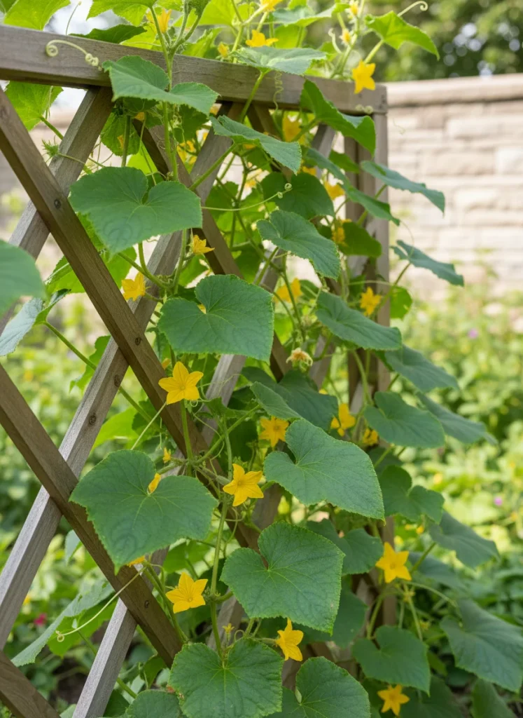 A wooden trellis with climbing cucumber vines and yellow flowers